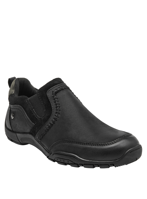 elegante zapatilla de cuero negro para mujer, sin cordones, con contraste de texturas en gamuza