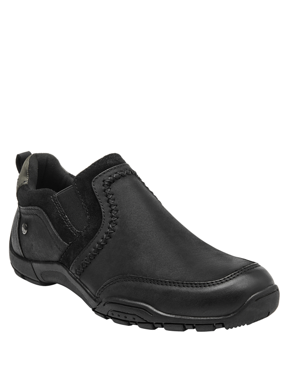 elegante zapatilla de cuero negro para mujer, sin cordones, con contraste de texturas en gamuza