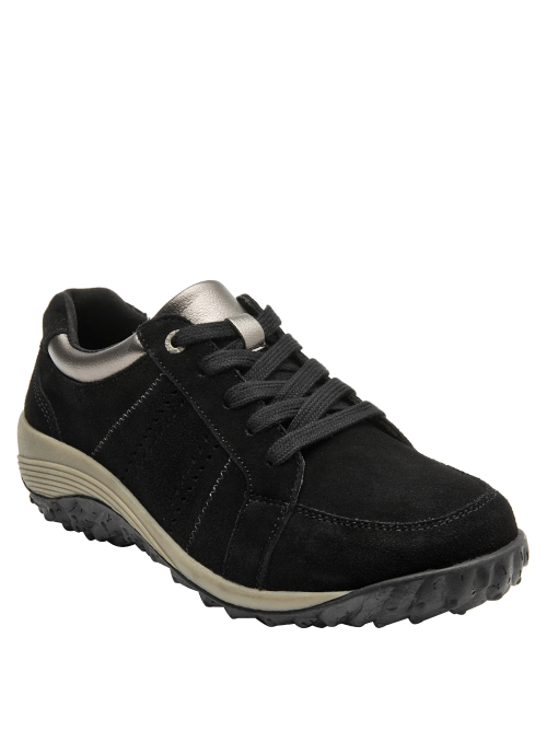 zapatilla de cuero negro para mujer, diseño elegante y deportivo, suela beige cómoda