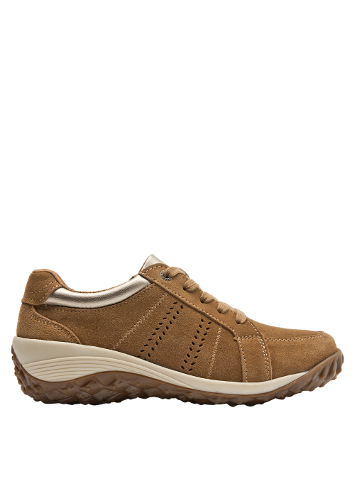 zapatilla casual de cuero camel con textura aterciopelada y diseño funcional