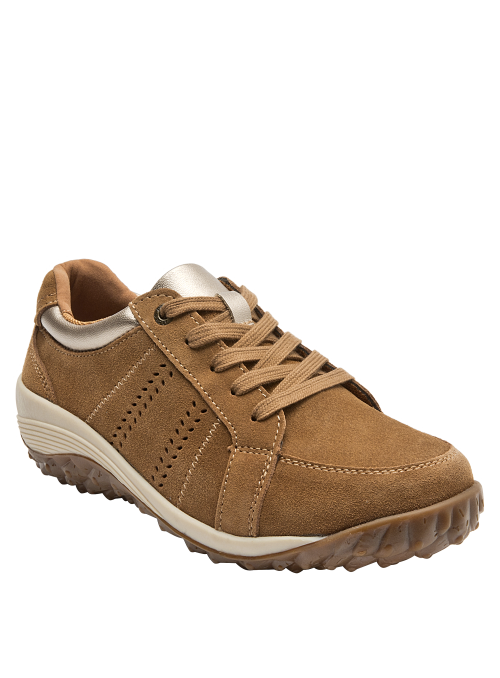 zapatilla casual de cuero camel con textura aterciopelada y diseño funcional