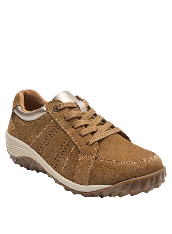 zapatilla casual de cuero camel con textura aterciopelada y diseño funcional