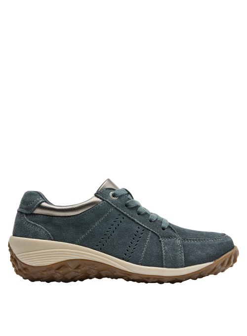 Zapatilla femenina de gamuza azul verdosa, perfecta para combinar con jeans o vestidos casuales.