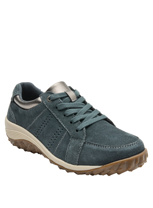 Zapatilla femenina de gamuza azul verdosa, perfecta para combinar con jeans o vestidos casuales.