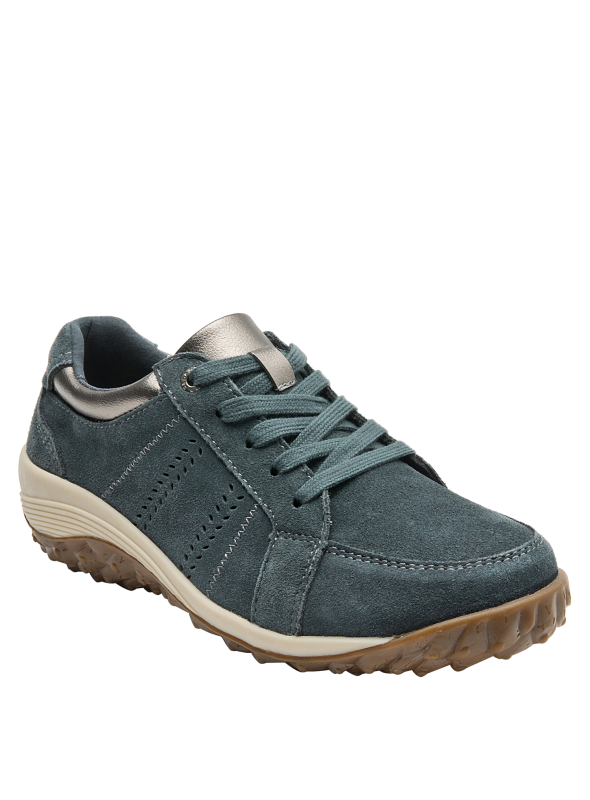 Zapatilla femenina de gamuza azul verdosa, perfecta para combinar con jeans o vestidos casuales.