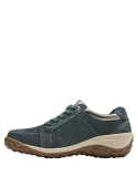 Zapatilla de cuero azul verdoso con suela de goma acanalada, ideal para moda urbana y comodidad diaria.