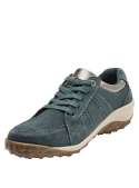Calzado casual de gamuza azul verdosa, con detalles metálicos elegantes y cordones a juego para un look uniforme.