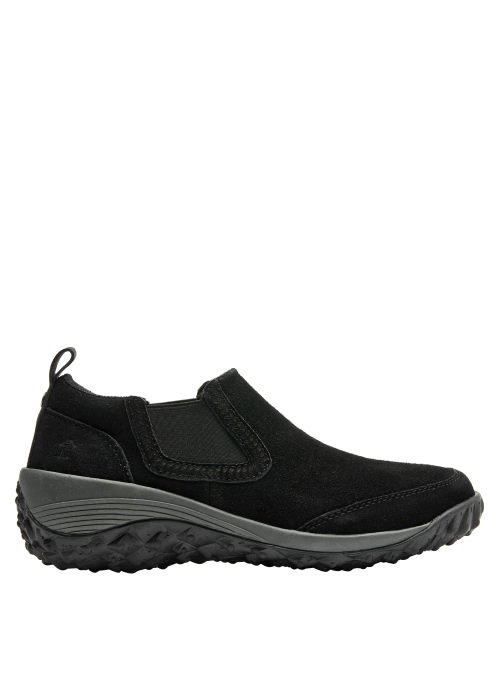 Zapatilla de cuero negra para mujer, diseño casual sin cordones, ajuste adaptable y elegante.