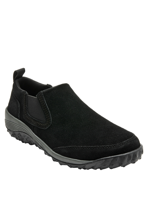 Zapatilla de cuero negra para mujer, diseño casual sin cordones, ajuste adaptable y elegante.