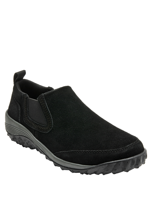 Zapatilla de cuero negra para mujer, diseño casual sin cordones, ajuste adaptable y elegante.