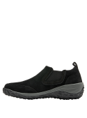 Zapatilla casual negra de cuero para mujer, paneles elásticos para ajuste cómodo y versátil.
