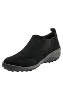 Zapatilla negra de cuero gamuzado para mujer, diseño casual slip-on, ideal para estilo athleisure.
