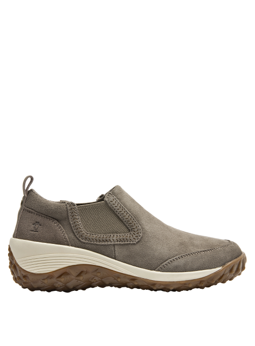 Zapatilla casual de cuero taupe para mujer, sin cordones, perfecta para un look relajado y sofisticado.
