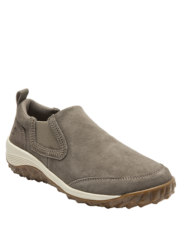 Zapatilla casual de cuero taupe para mujer, sin cordones, perfecta para un look relajado y sofisticado.