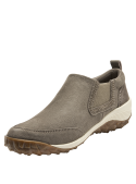 Zapatilla taupe de cuero para mujer, minimalista y versátil, con textura mate suave y elásticos laterales.