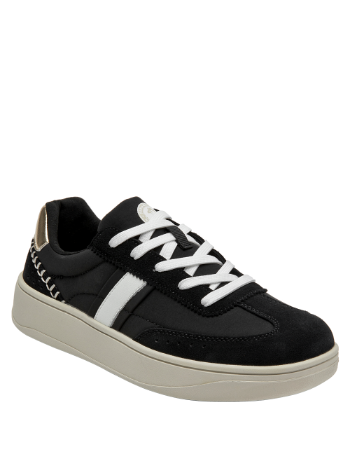 calzado de cuero negro con detalles blancos, ideal para estilo casual chic femenino