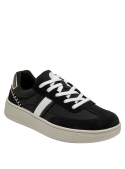 calzado de cuero negro con detalles blancos, ideal para estilo casual chic femenino