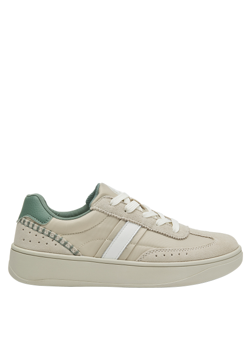 calzado casual de mujer en cuero beige con detalles deportivos y toque verde