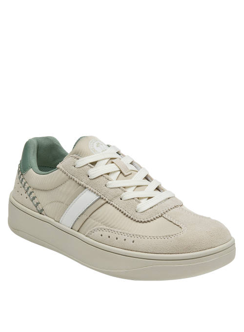 calzado casual de mujer en cuero beige con detalles deportivos y toque verde