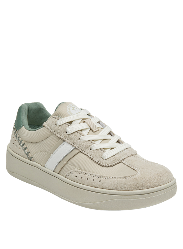 calzado casual de mujer en cuero beige con detalles deportivos y toque verde