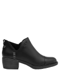 Botín de cuero negro minimalista para mujer, versátil para combinaciones casuales y urbanas.