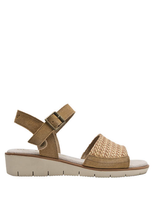 Sandalia casual de cuero beige claro para mujer, perfecta para ropa veraniega y ocasiones informales.
