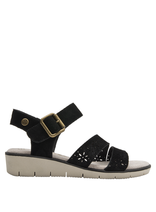 Sandalia negra de cuero con tacón bajo en plataforma, perfecta para caminatas largas y estilo casual.