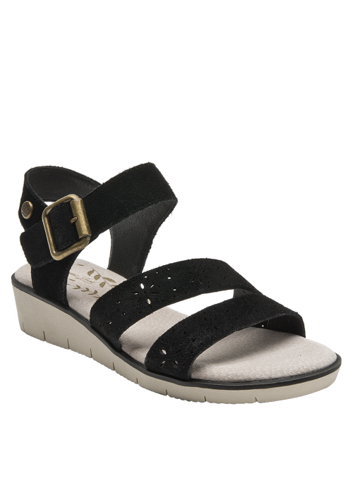 Sandalia negra de cuero con tacón bajo en plataforma, perfecta para caminatas largas y estilo casual.