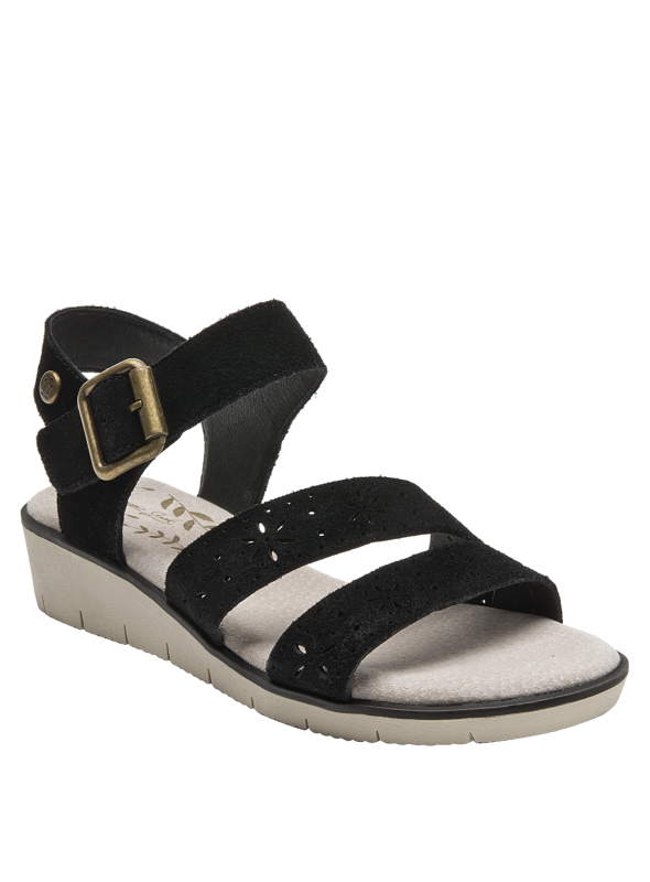 Sandalia negra de cuero con tacón bajo en plataforma, perfecta para caminatas largas y estilo casual.