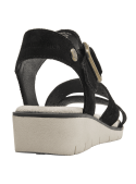 Sandalia de cuero negro con diseño calado y hebilla envejecida, ideal para estilo casual chic femenino.