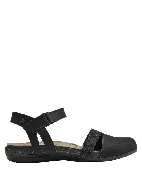 Sandalia de cuero negro para mujer, diseño sofisticado con correa ajustable.