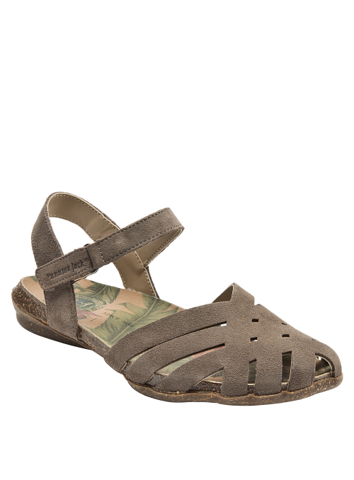 Sandalia boho de cuero taupe para mujer, con diseño funcional y elegante, perfecta para días cálidos.