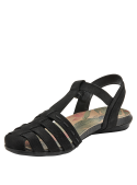 Sandalia de cuero negro para mujer con tiras anchas cruzadas y hebilla lateral.