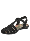 Sandalia de cuero negro para mujer con tiras anchas cruzadas y hebilla lateral.