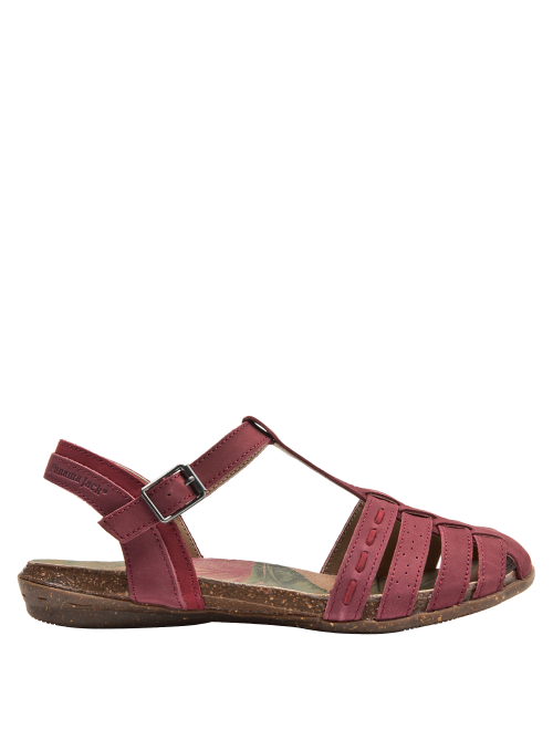 Sandalia de cuero burdeos para mujer, diseño clásico con tiras entrelazadas y suela de goma.
