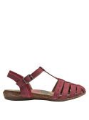 Chic sandalia de cuero burdeos con plantilla floral y hebilla, perfecta para ocasiones casuales.