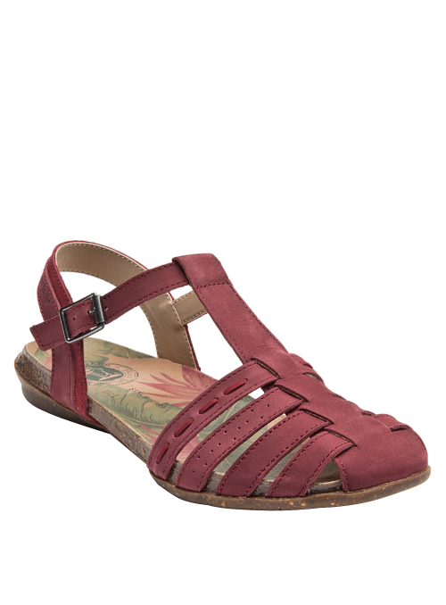 Sandalia de cuero burdeos para mujer, diseño clásico con tiras entrelazadas y suela de goma.