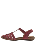 Sandalia casual en cuero burdeos con hebilla ajustable, ideal para estilo boho-chic.