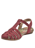 Elegante sandalia de cuero burdeos con diseño floral en la plantilla y suela antiderrapante.