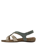 Sandalia casual de cuero azul con detalles metálicos y diseño boho-chic.