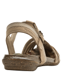 Sandalia beige de cuero para mujer con diseño clásico y tiras entrecruzadas al frente.