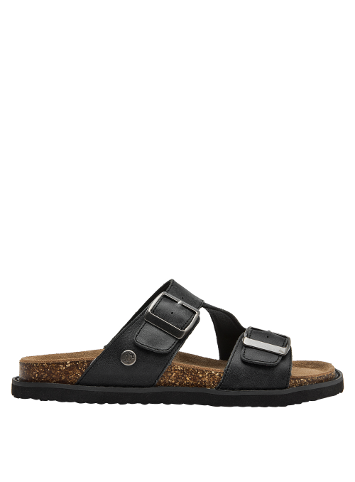Sandalia de cuero negro con hebillas modernas, perfecta para combinar con prendas ligeras.