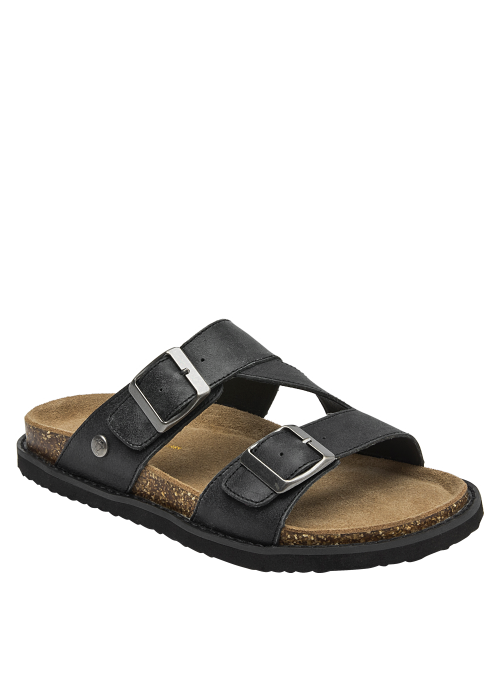Sandalia de cuero negro con hebillas modernas, perfecta para combinar con prendas ligeras.