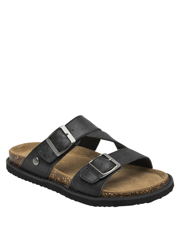Sandalia de cuero negro con hebillas modernas, perfecta para combinar con prendas ligeras.