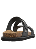 Sandalia minimalista de cuero negro, ideal para un look veraniego casual y cómodo.