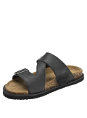 Sandalia negra de cuero para mujer con diseño clásico de dos correas y hebillas metálicas ajustables.