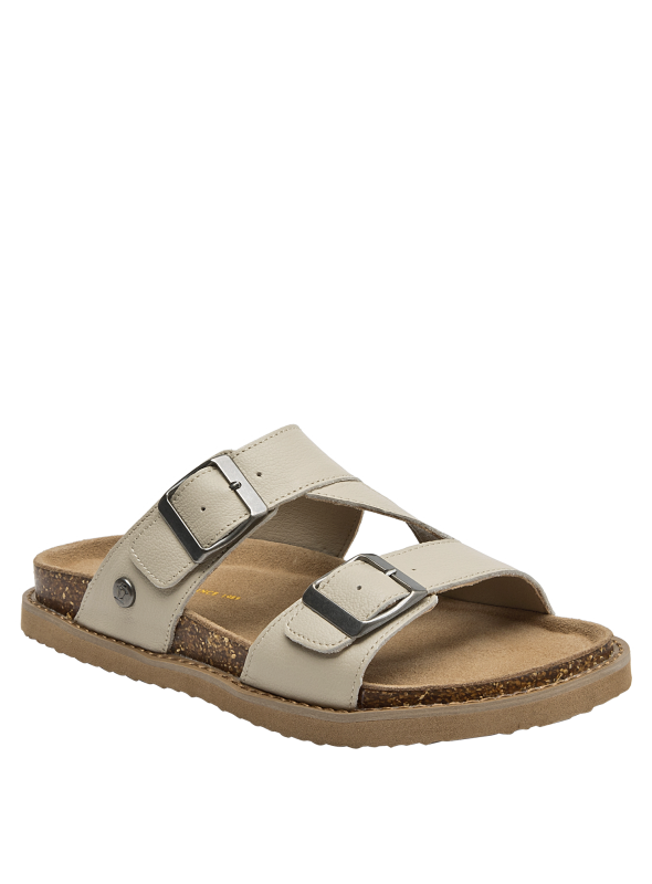 Textura del cuero beige claro y el diseño elegante de la sandalia casual.