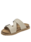 Sandalia de cuero beige claro con correas ajustables y hebillas plateadas, estilo casual para mujer.