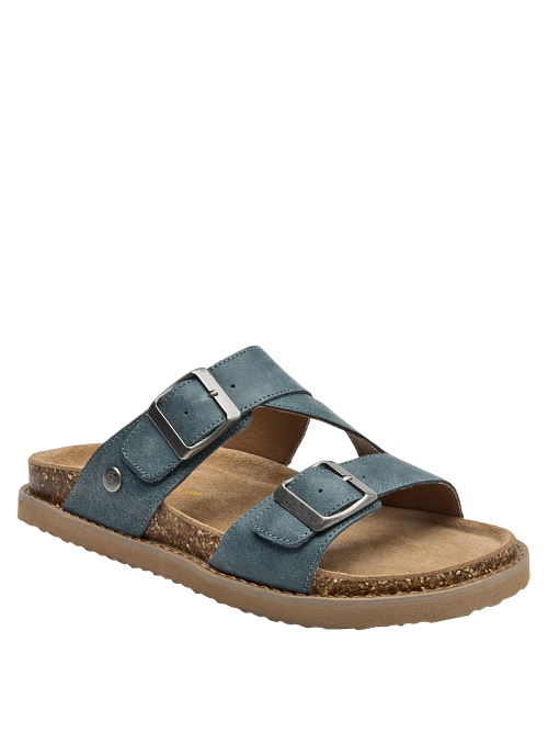 Calzado casual de cuero azul, versátil para salidas informales en verano.
