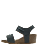 Sandalia azul de cuero con plantilla tropical, cierre de velcro, perfecta para paseos al aire libre.
